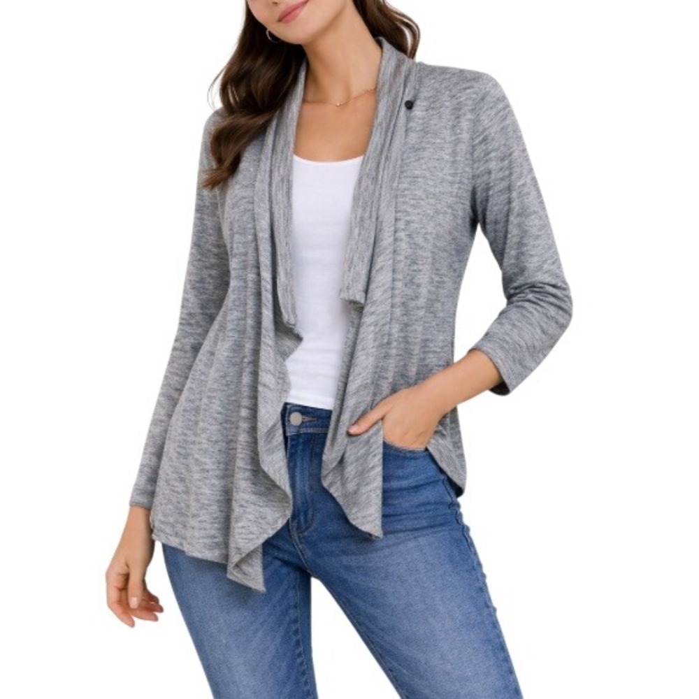 Pure Jill Women's Gray Heather‎ Cotton Long Sleeve Open Front Cardigan Size L
